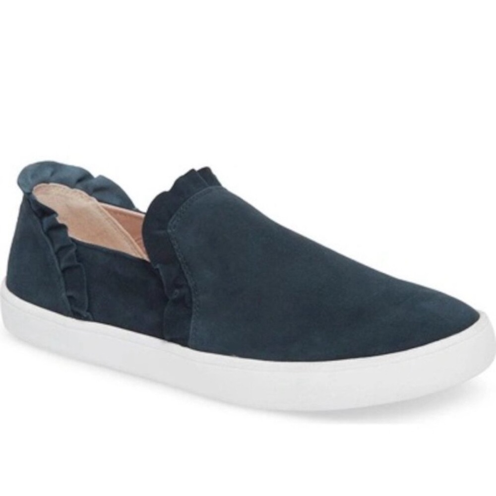 Kate Spade Lilly, navy blue suede, ruffle sneaker, slip on shoes, women size 11